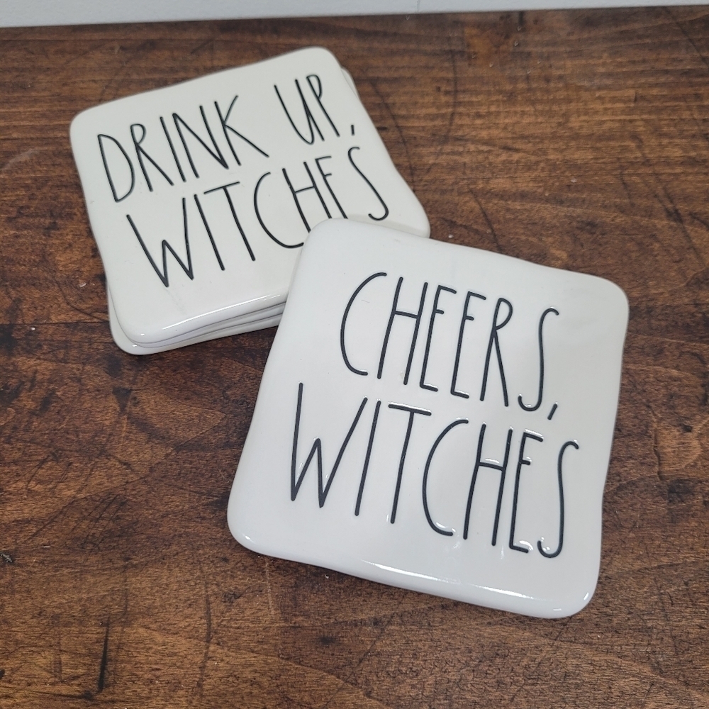 EUC Rae Dunn Ceramic Drink Coasters Set of 4 Drink Up Witches/Cheers Wit…